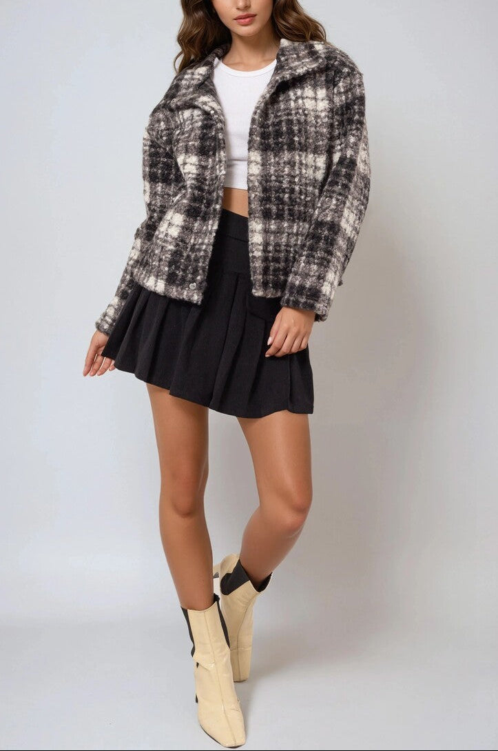  Forever 21 Plaid Boucle Jacket - black-cream - Bonton