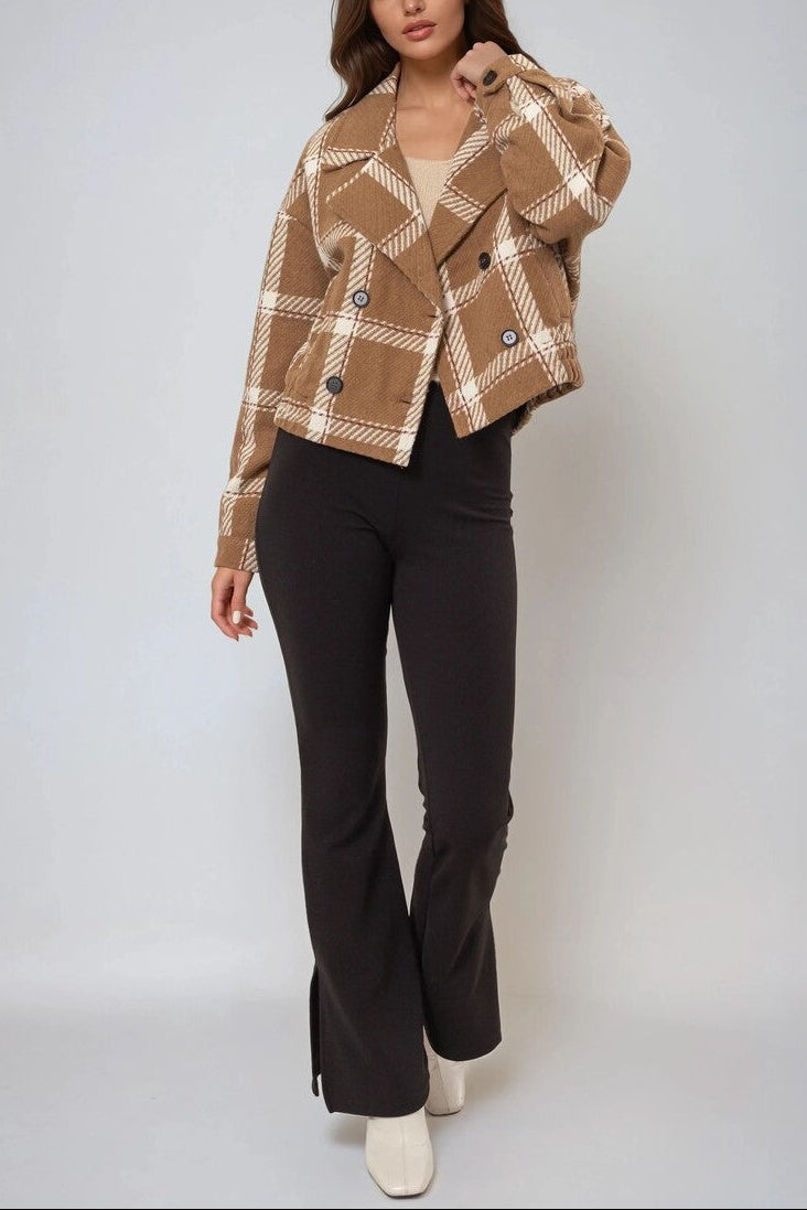  Forever 21 Plaid Double-Breasted Cropped Jacket - black-cream - Bonton