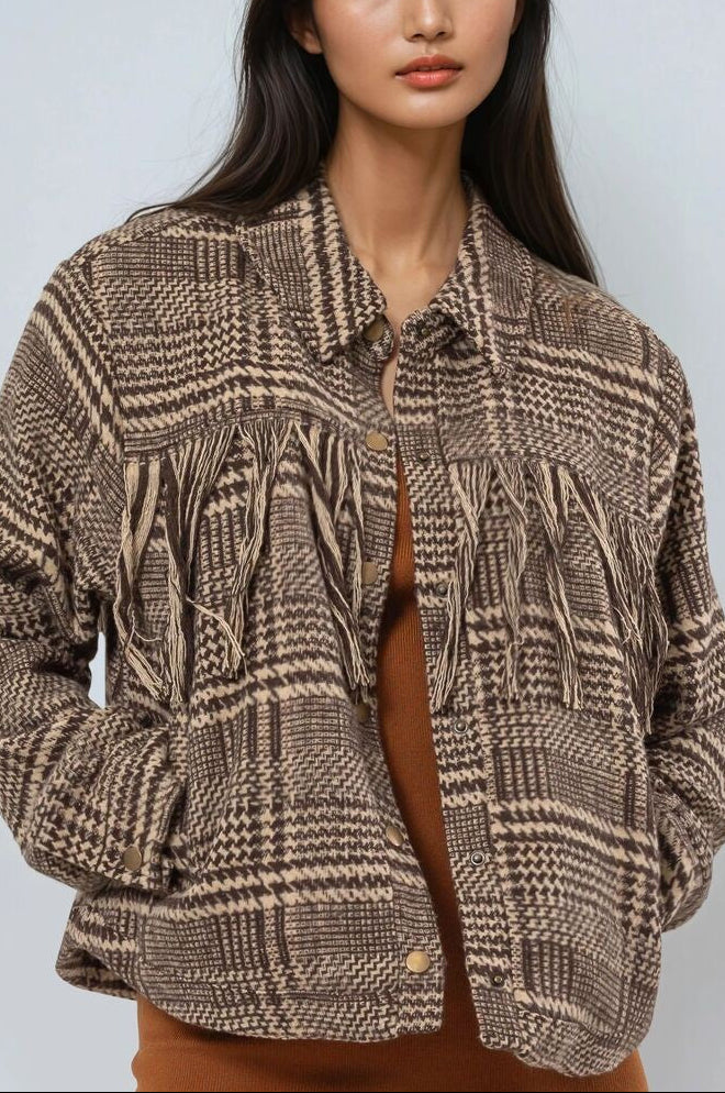  Forever 21 Glen Plaid Fringe-Trim Jacket - brown - Bonton
