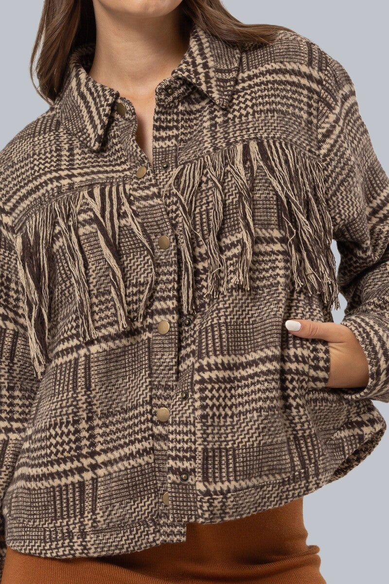 Forever 21 Glen Plaid Fringe-Trim Jacket - brown - Bonton