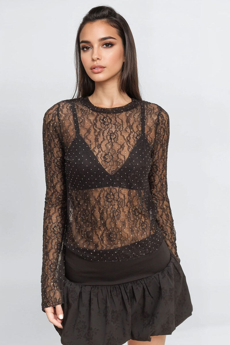  Forever 21 Studded Sheer Lace Long-Sleeve Top - black - Bonton