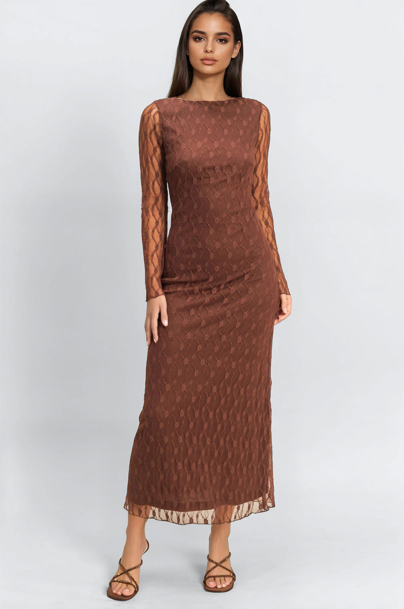  Forever 21 Semi-Sheer Lace Bodycon Maxi Dress - chestnut - Bonton