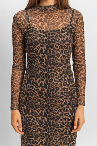 Mesh Leopard Print Midi Dress