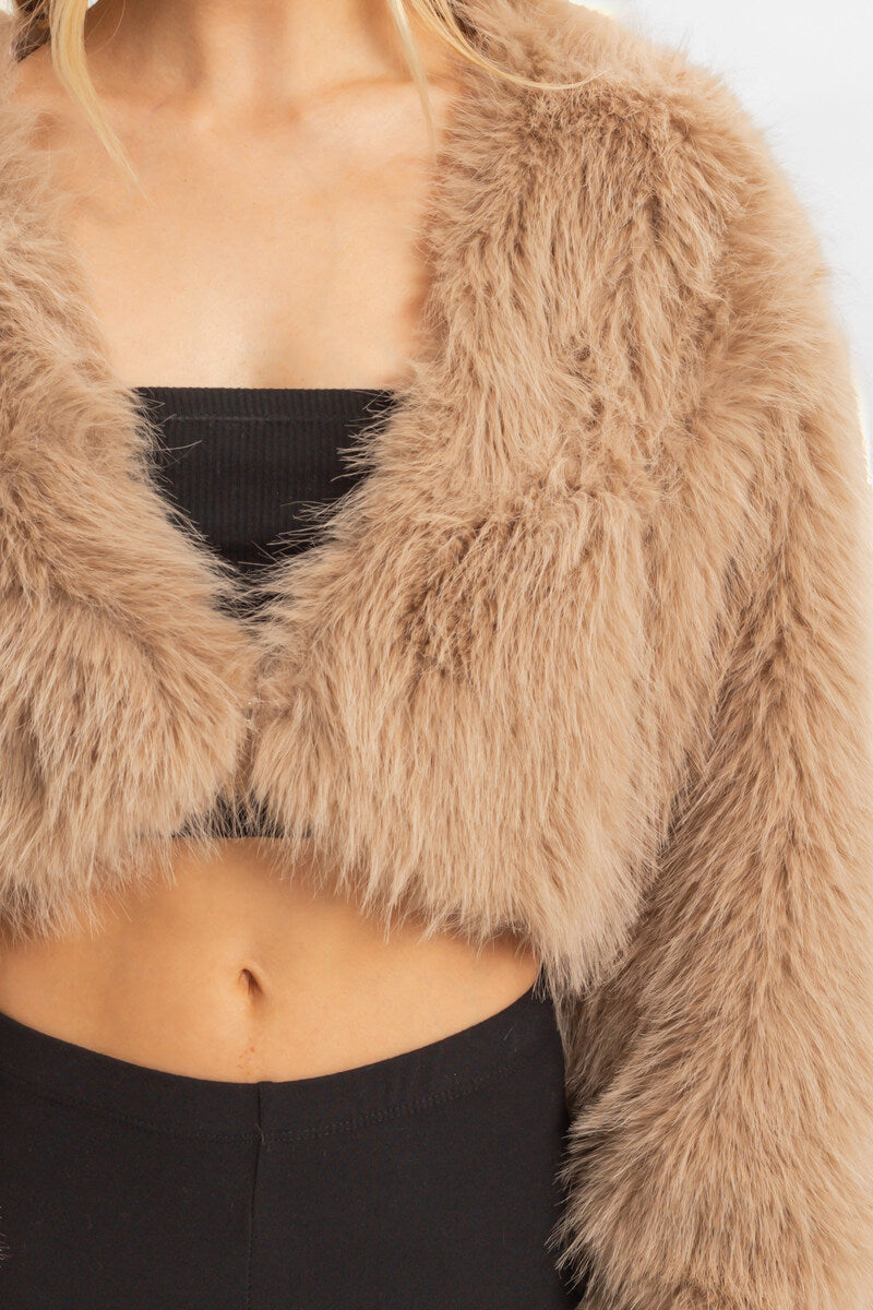  Forever 21 Faux Fur Cropped Jacket - taupe - Bonton