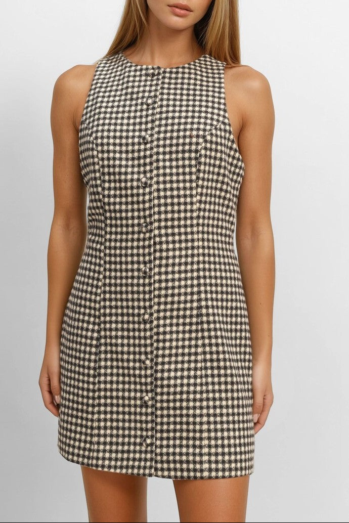  Forever 21 Sleeveless Houndstooth Button-Front Mini Dress - black-white - Bonton