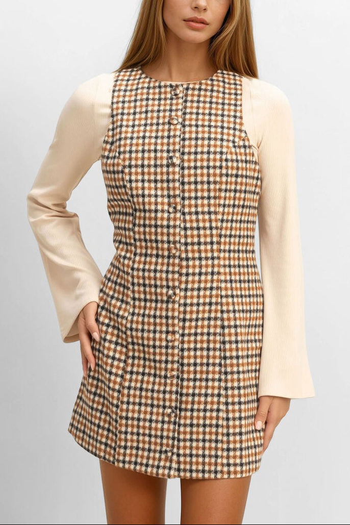  Forever 21 Sleeveless Houndstooth Button-Front Mini Dress - black-white - Bonton