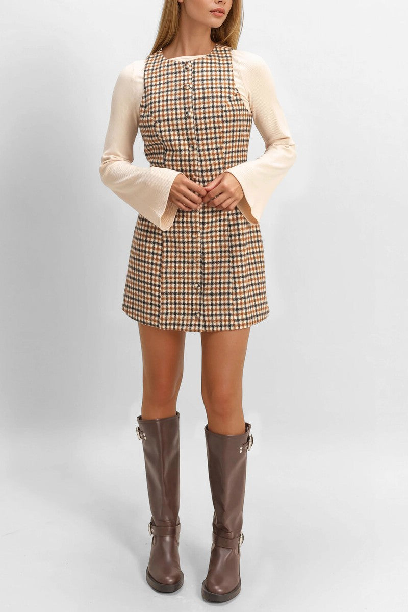  Forever 21 Sleeveless Houndstooth Button-Front Mini Dress - black-white - Bonton