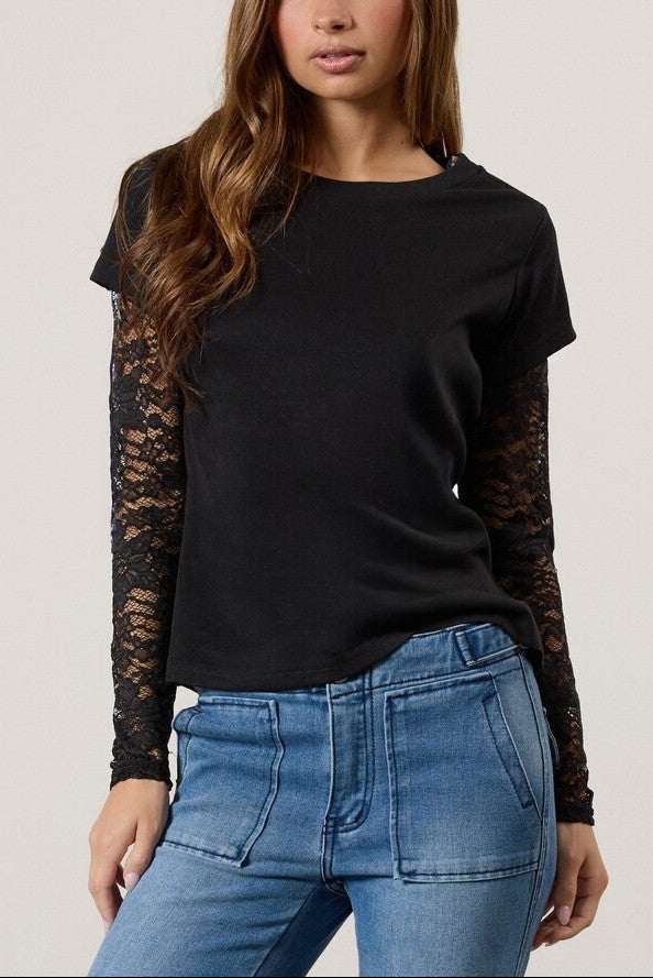  Forever 21 Layered Sheer Lace Long-Sleeve Tee - black - Bonton