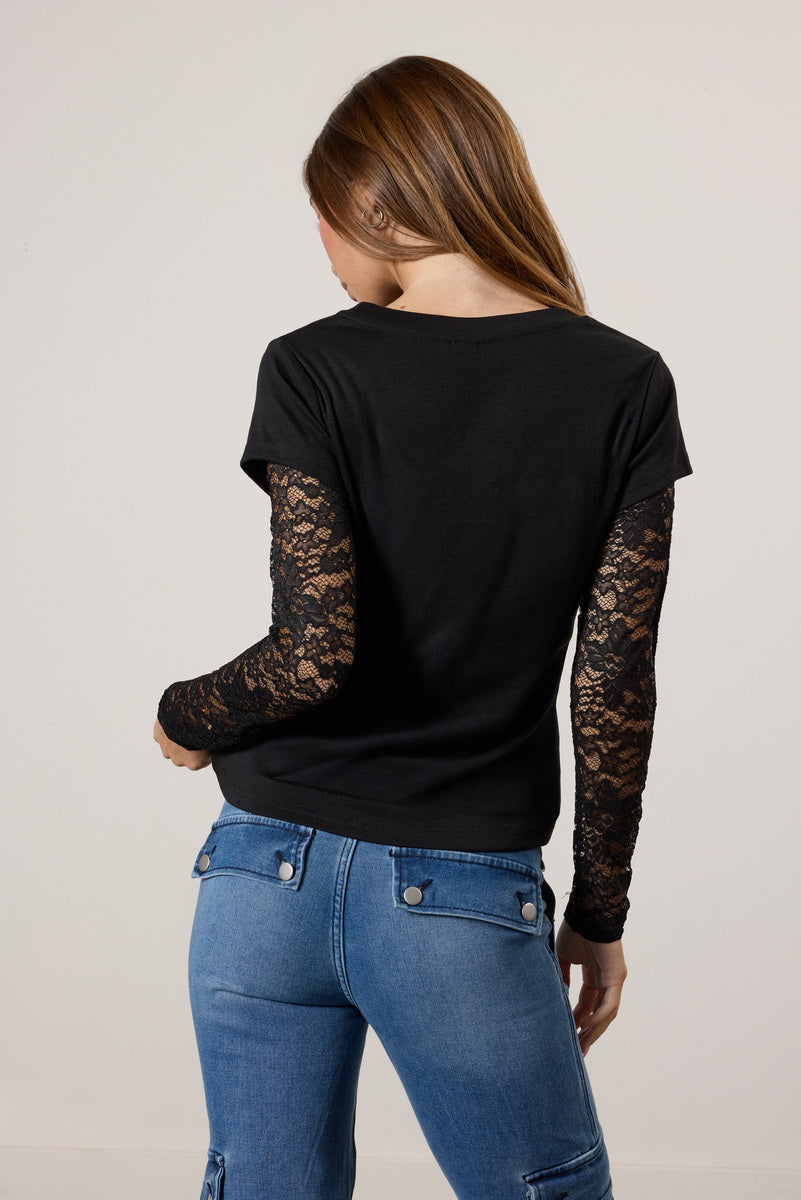  Forever 21 Layered Sheer Lace Long-Sleeve Tee - black - Bonton