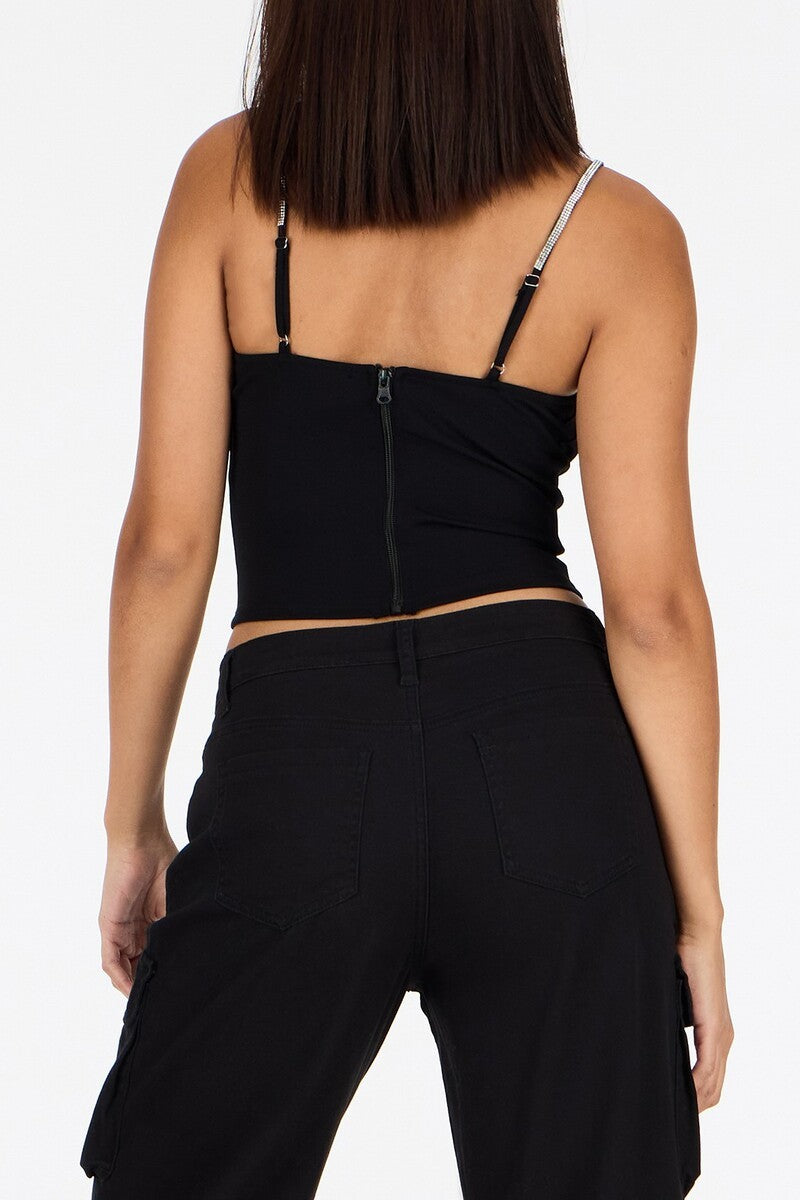  Forever 21 Crepe Rhinestone-Strap Bustier Top - black - Bonton