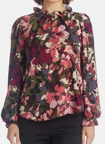 Anne Klein Long Sleeve Ruffle Blouse With Keyhole and Side Slits - Chianti Combo - Bonton