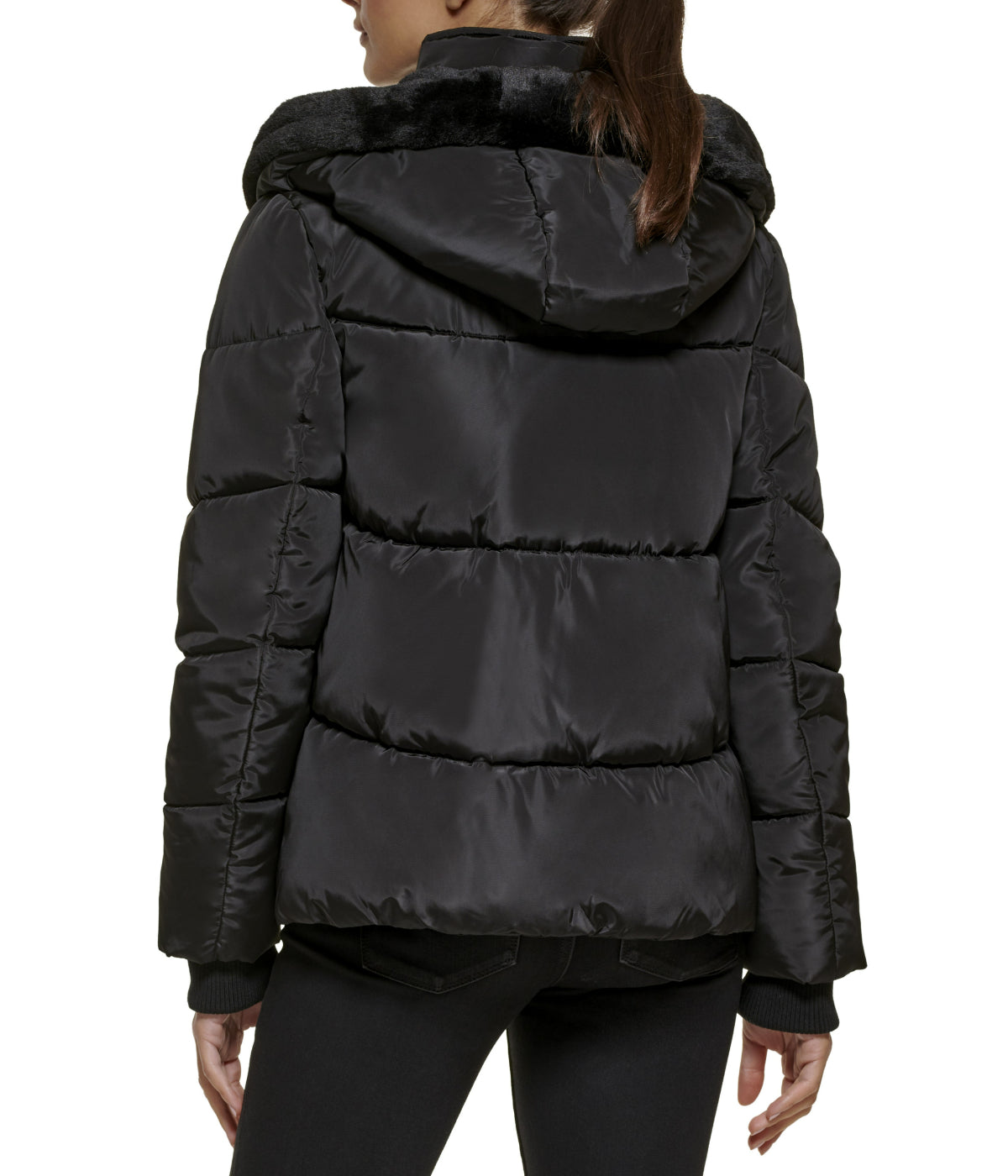  Kenneth Cole Faux Memory Short Puffer W Plush Faux Fur Trimmed Hood - Black - Bonton