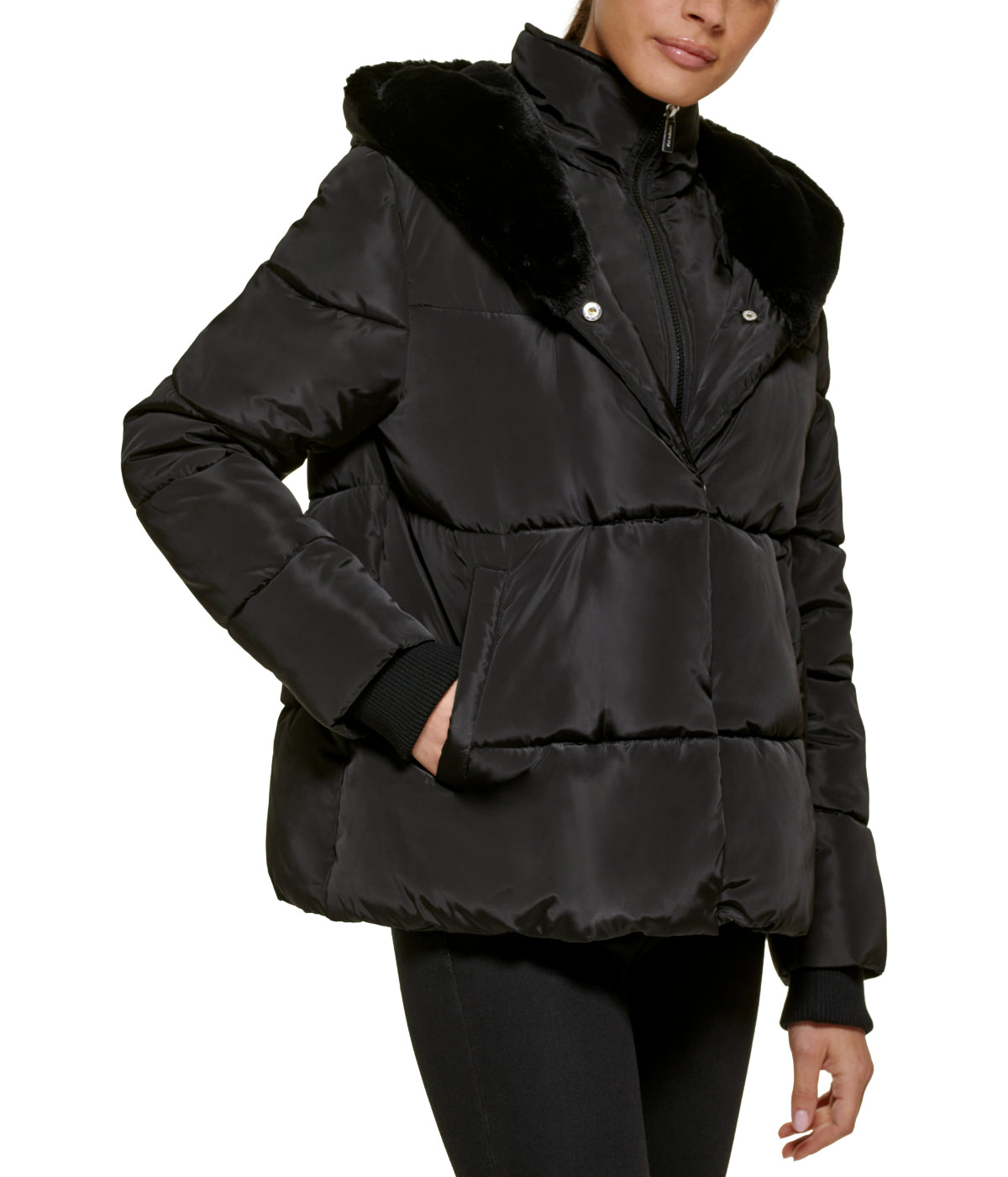  Kenneth Cole Faux Memory Short Puffer W Plush Faux Fur Trimmed Hood - Black - Bonton