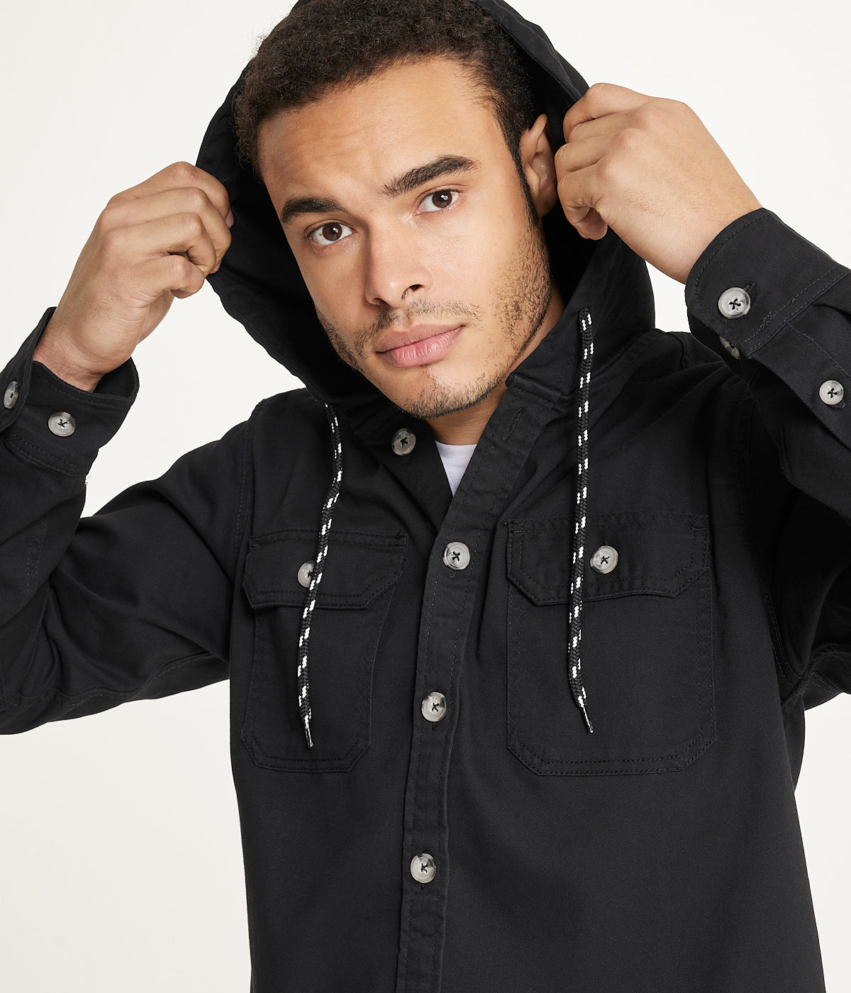  Brooklyn Laundry Men's Long Sleeve Hooded Shirt Jacket: Stretch Twill - Black - Bonton