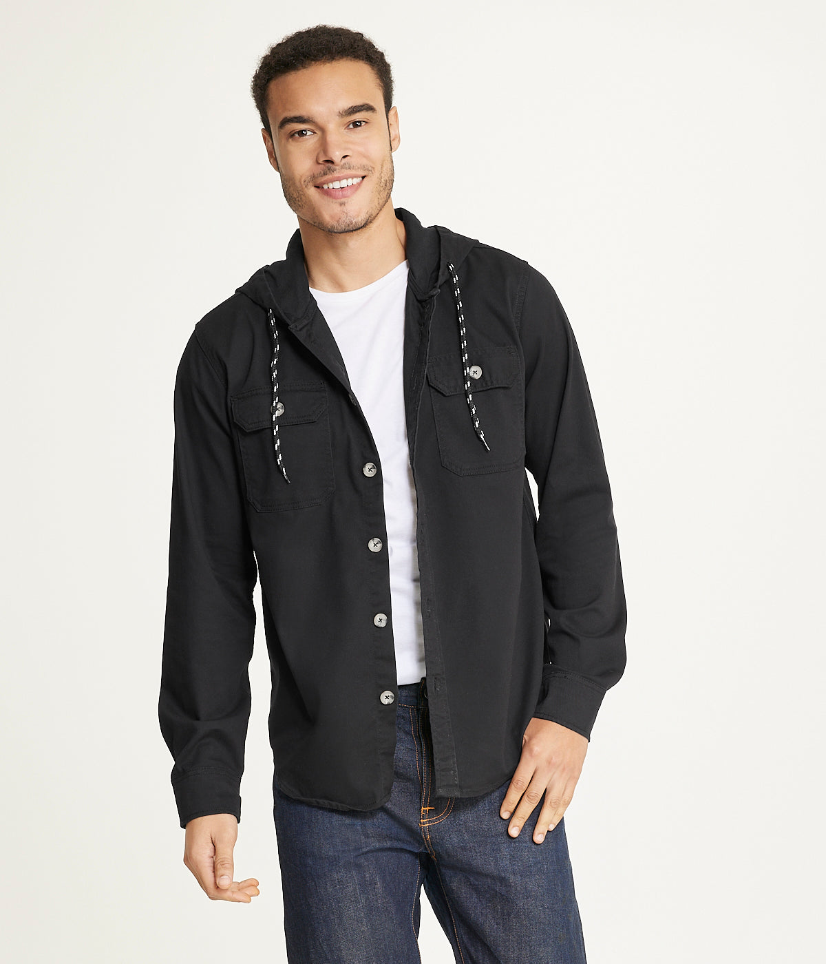 Brooklyn Laundry Men's Long Sleeve Hooded Shirt Jacket: Stretch Twill - Black - Bonton