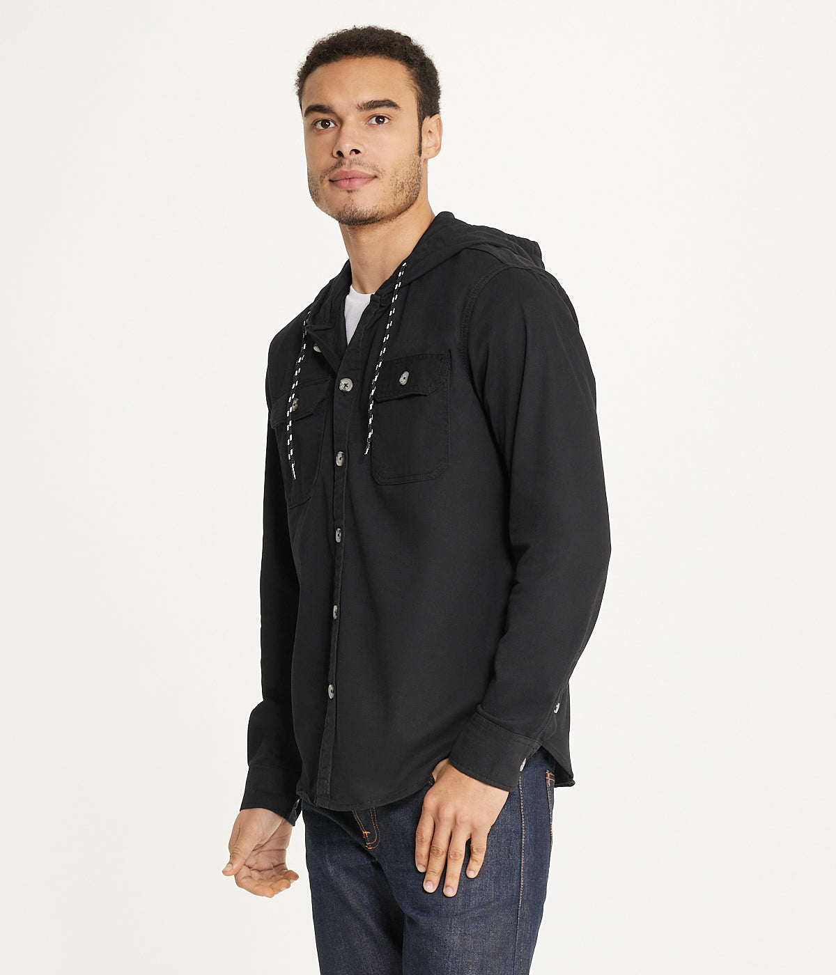  Brooklyn Laundry Men's Long Sleeve Hooded Shirt Jacket: Stretch Twill - Black - Bonton