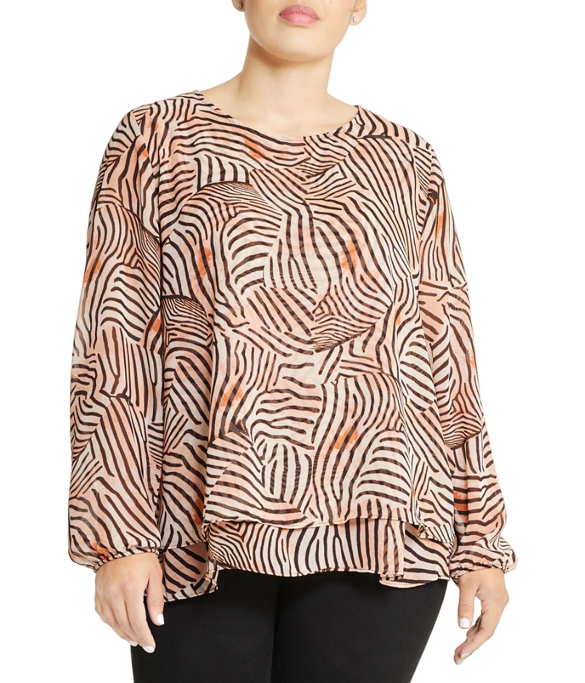  Anne Klein Chiffon Double Layer Animal Print Blouse Plus Size - Warm Sand/ Anne Black - Bonton