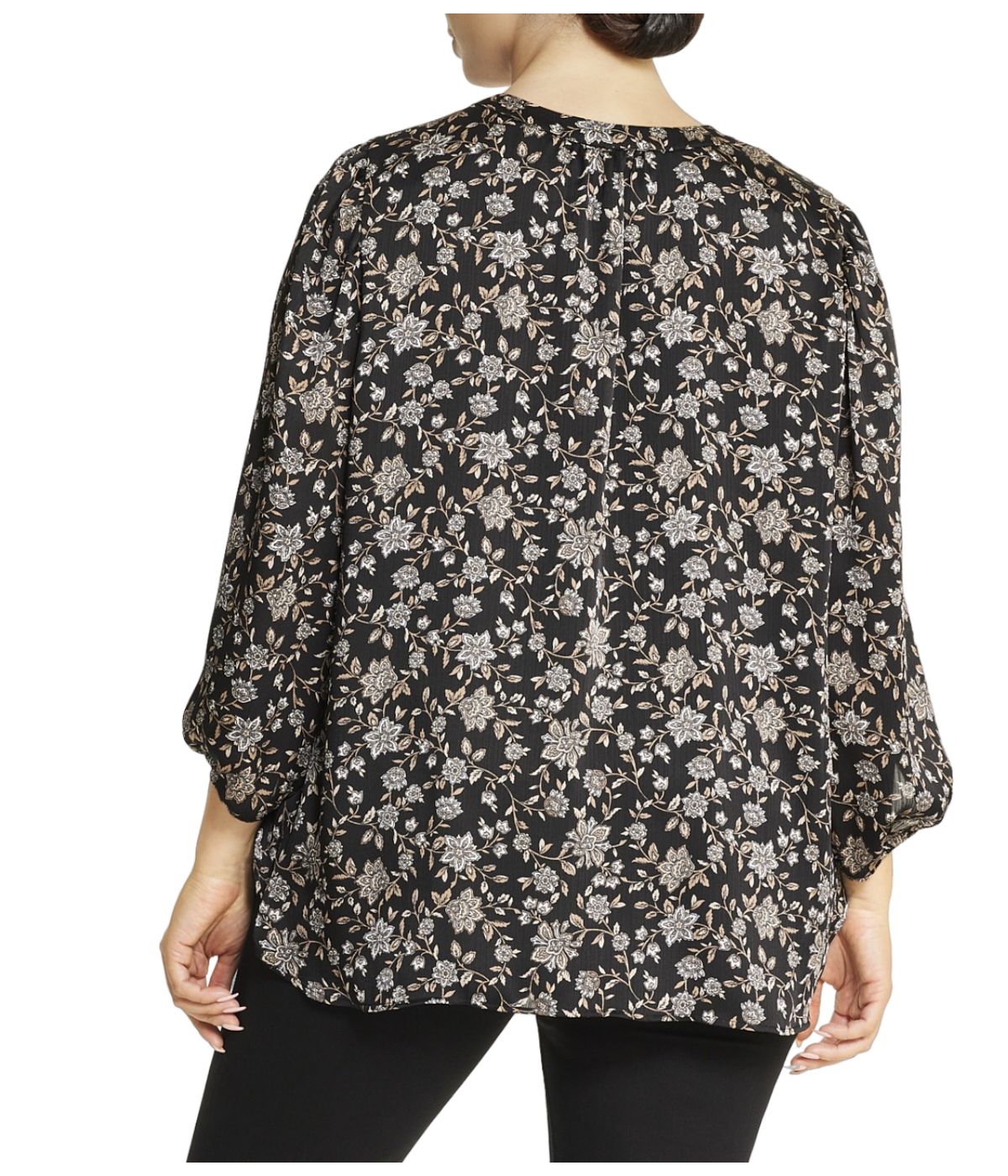  Anne Klein Plus Size Chennai Floral V-Neck Blouse with Puff Sleeves - Anne Black Combo - Bonton