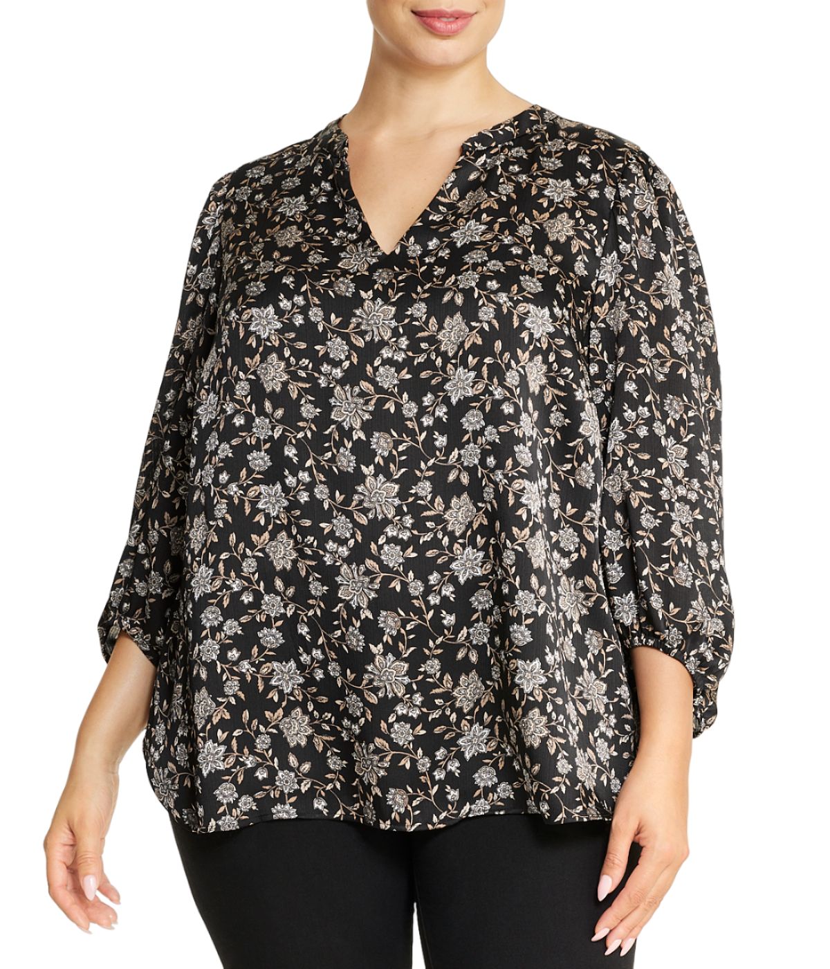  Anne Klein Plus Size Chennai Floral V-Neck Blouse with Puff Sleeves - Anne Black Combo - Bonton