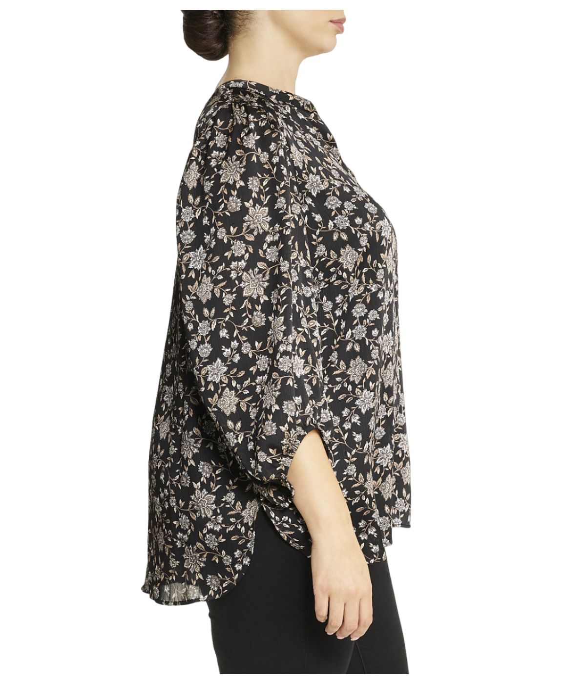  Anne Klein Plus Size Chennai Floral V-Neck Blouse with Puff Sleeves - Anne Black Combo - Bonton