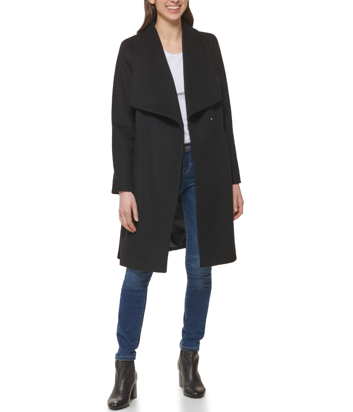  Cole Haan Long Wool Blend Coat With Tie Black - Black - Bonton