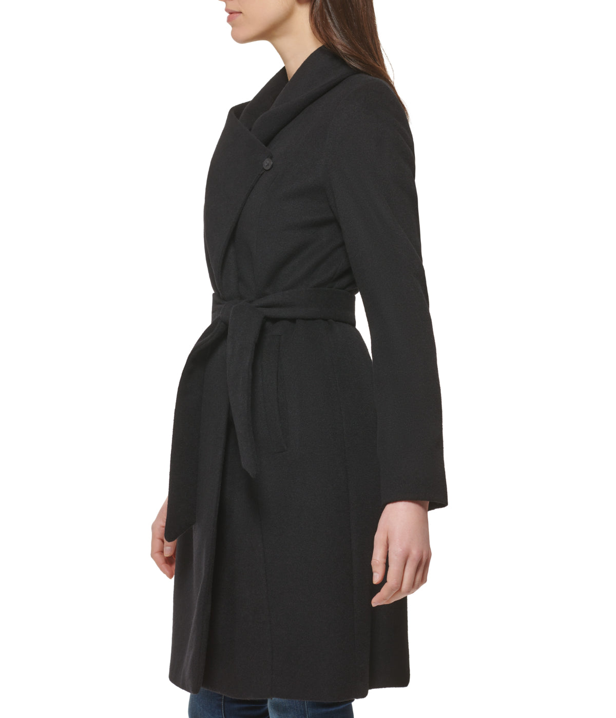  Cole Haan Long Wool Blend Coat With Tie Black - Black - Bonton