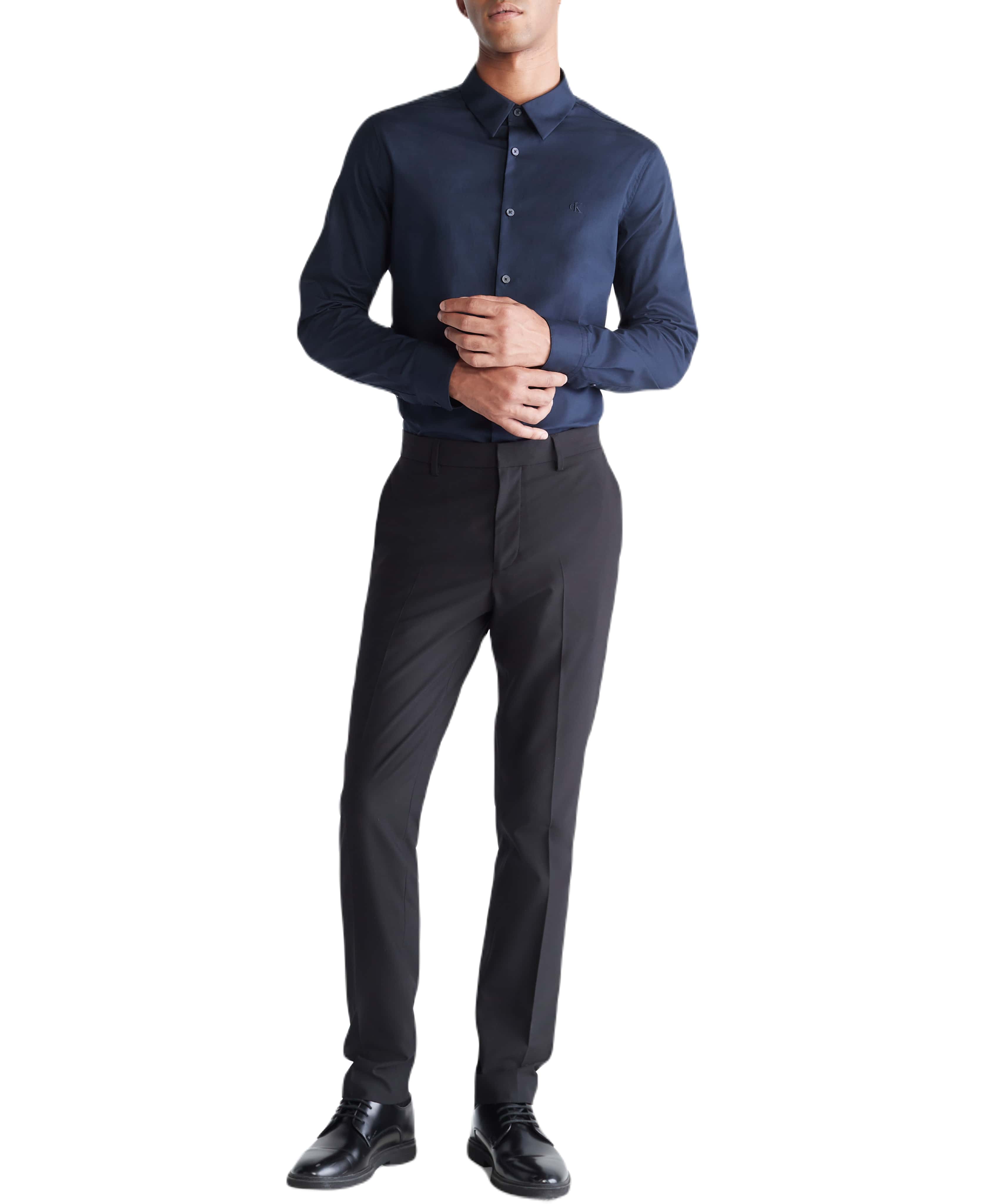  Calvin Klein Long Sleeve Solid Stretch Slim Woven Shirt Navy - Navy - Bonton