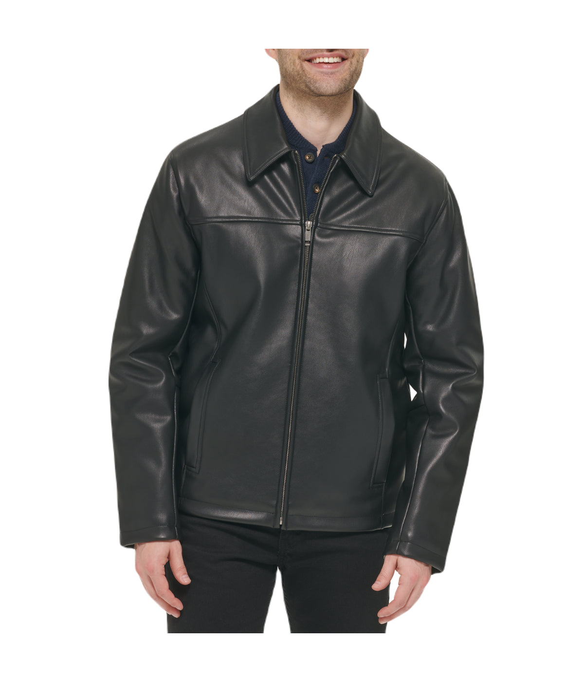  Cole Haan Mens Faux Leather Collared Jacket Black - Black - Bonton
