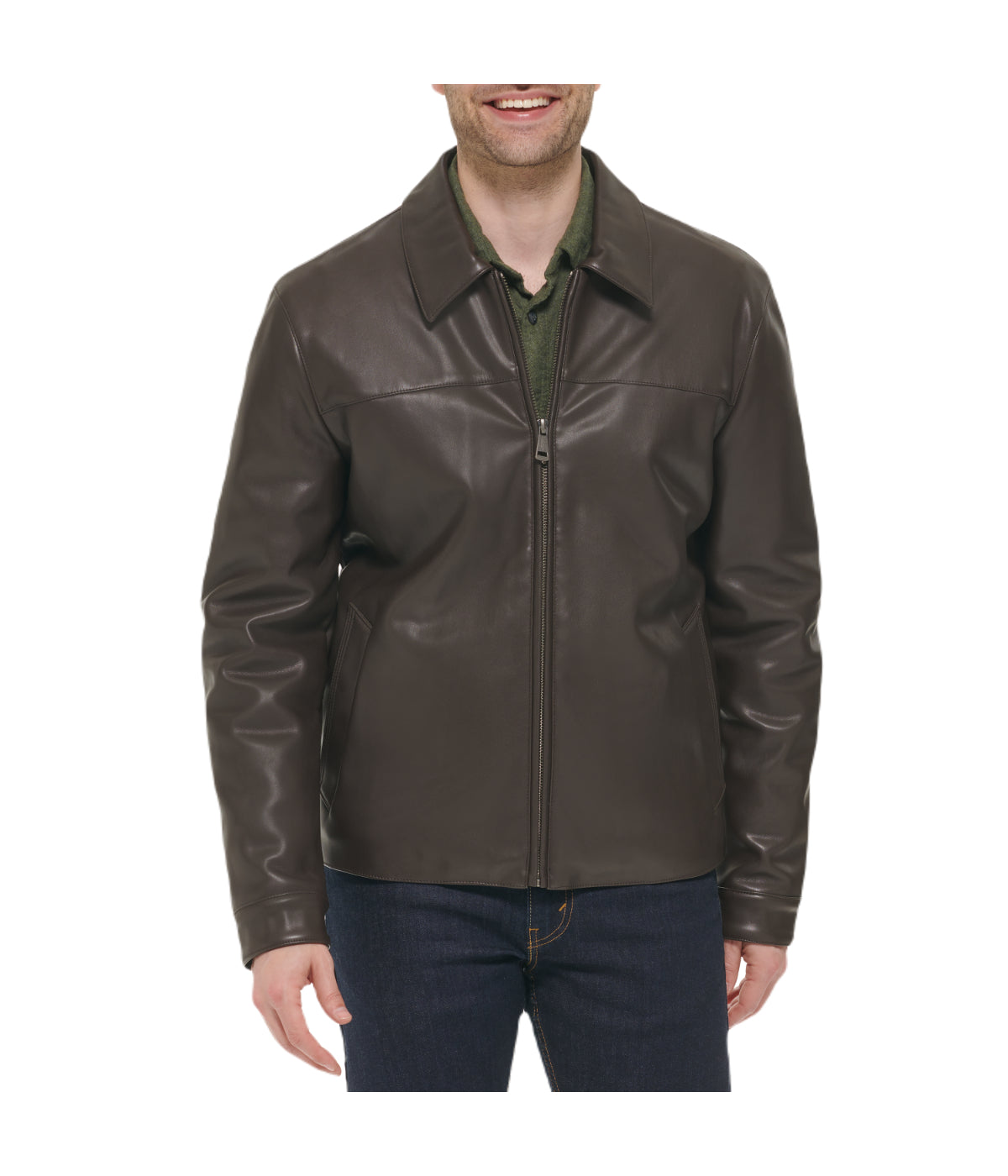  Cole Haan Mens Faux Leather Collared Jacket Dark Brown - Dark Brown - Bonton