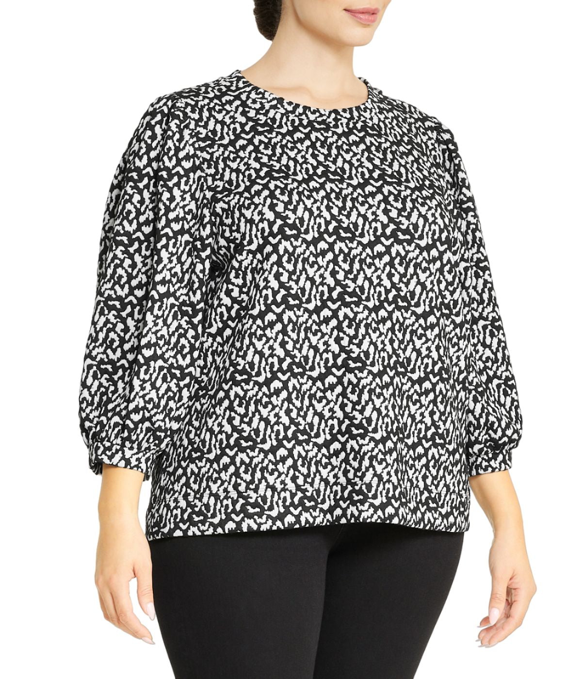  Anne Klein Plus Size Balloon Sleeve Jacquard Top - Anne Black/ White - Bonton
