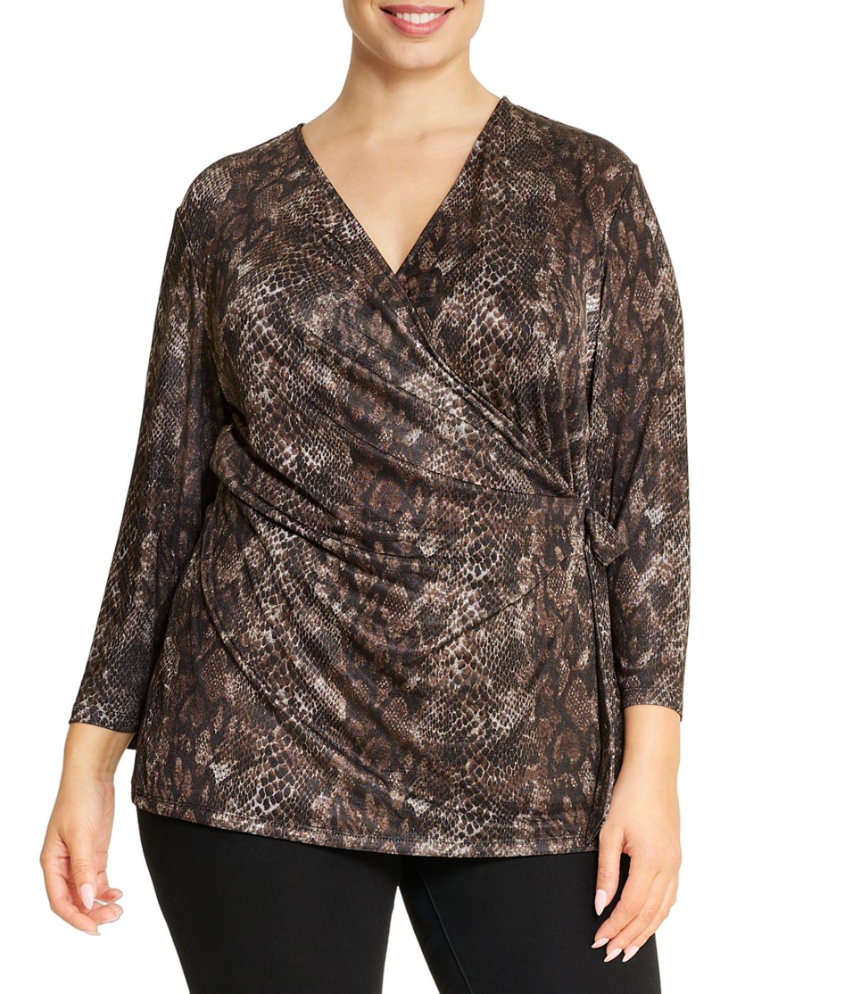  Anne Klein Plus Size 3/4-Sleeve Snake Marl Wrap Top - Brown Combo - Bonton