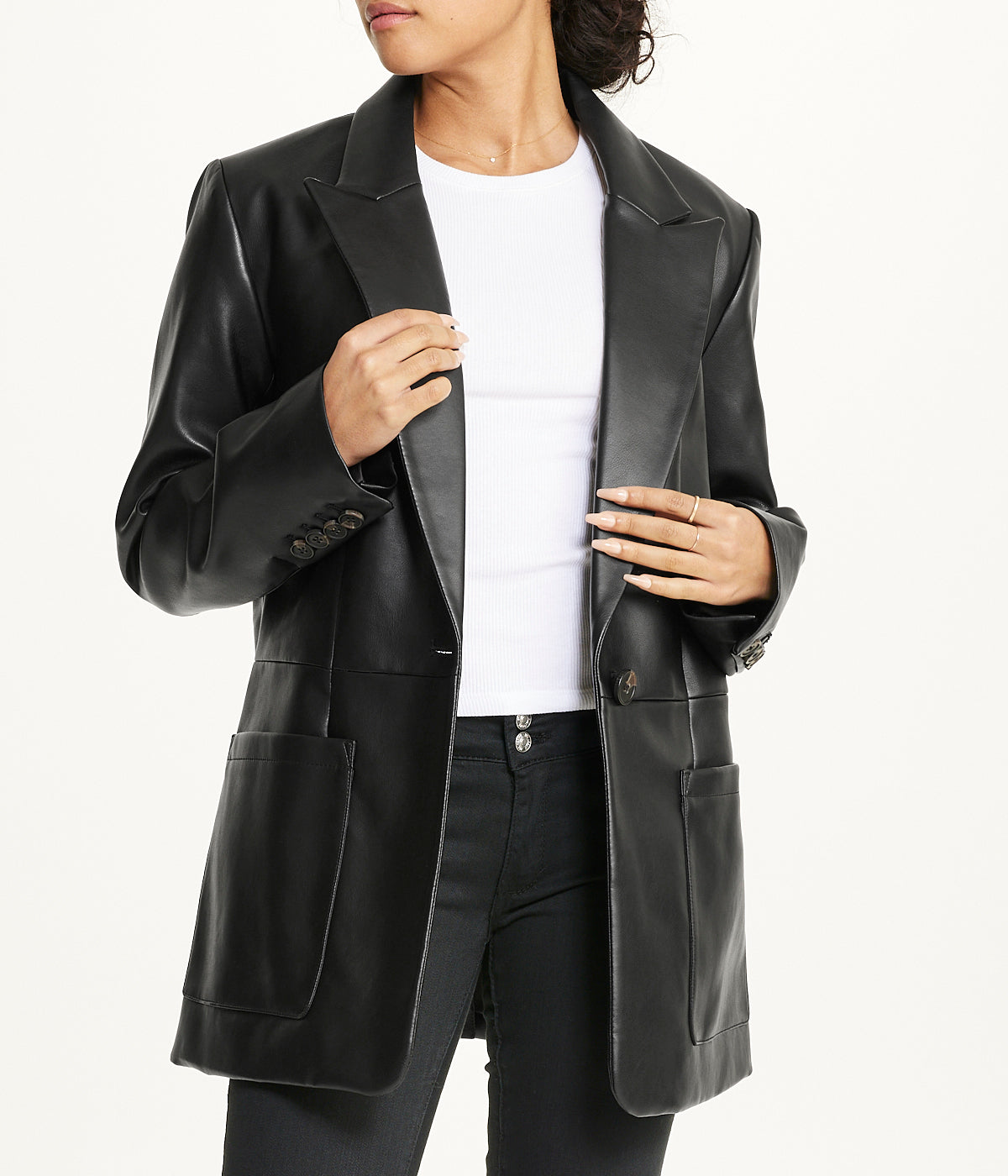  BCBG Notch Collar Oversized PU Blazer Black - Black - Bonton
