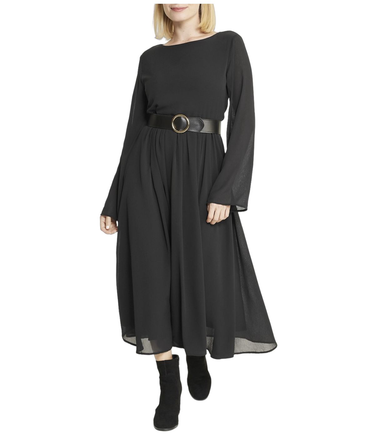  Cream & Rouge Belted Long Sleeve Dress - Black - Bonton