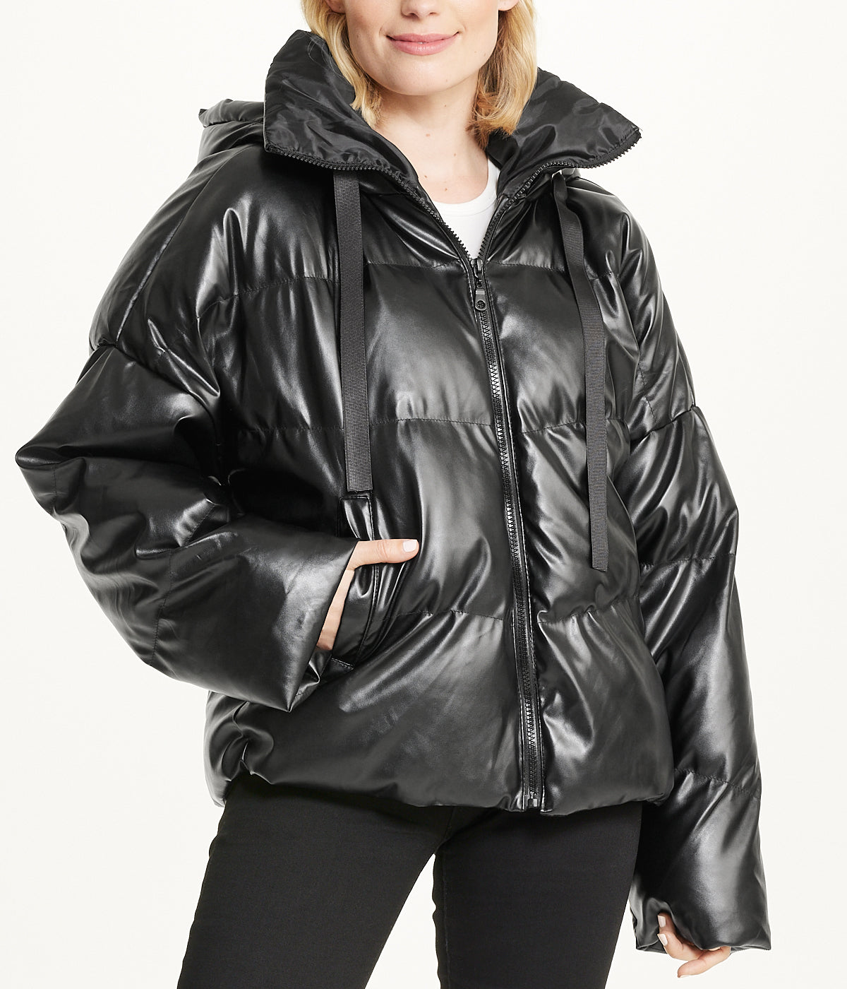  Cream & Rouge Vegan Leather Puffer Coat - Black - Bonton