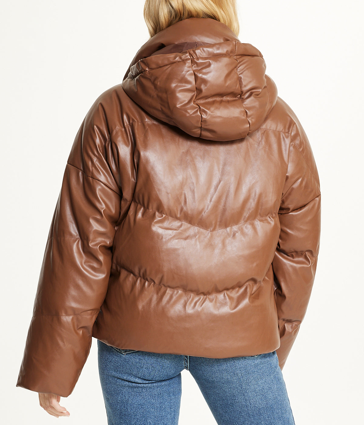  Cream & Rouge Vegan Leather Puffer Coat - Brown - Bonton