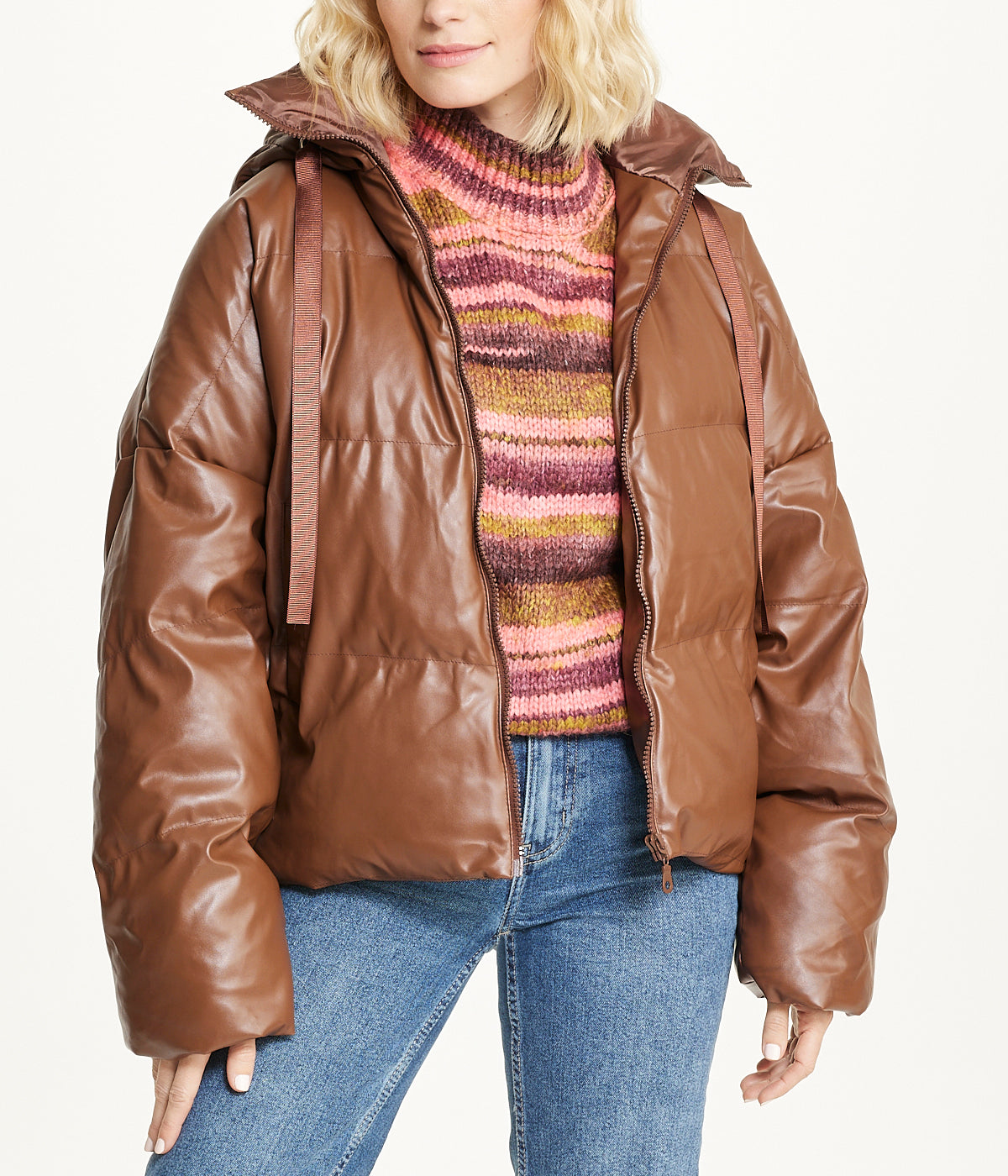  Cream & Rouge Vegan Leather Puffer Coat - Brown - Bonton
