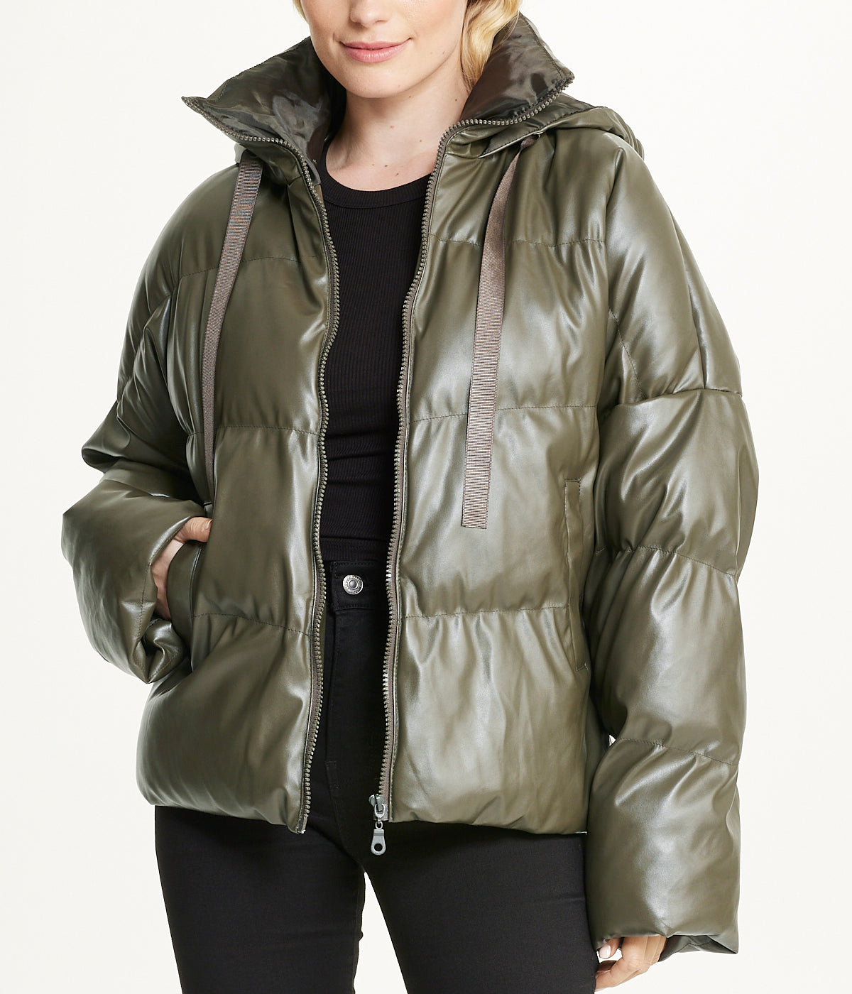  Cream & Rouge Vegan Leather Puffer Coat - Khaki - Bonton