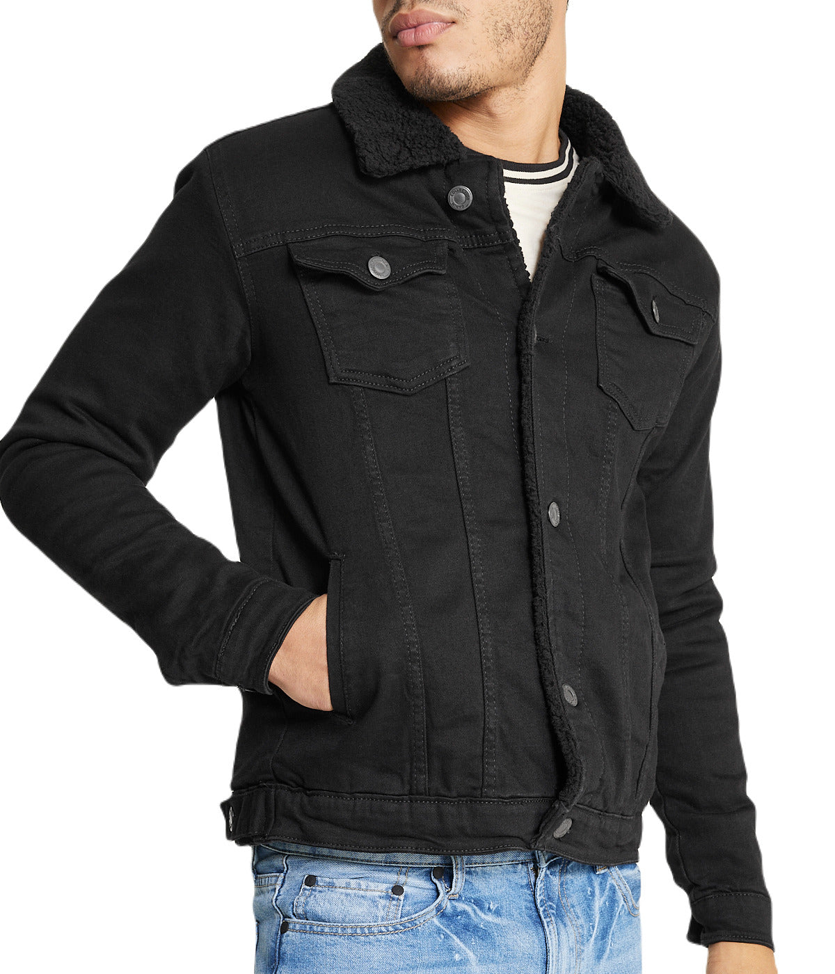  i8 Excel Black Sherpa Collar Black Denim Jacket - Black - Bonton