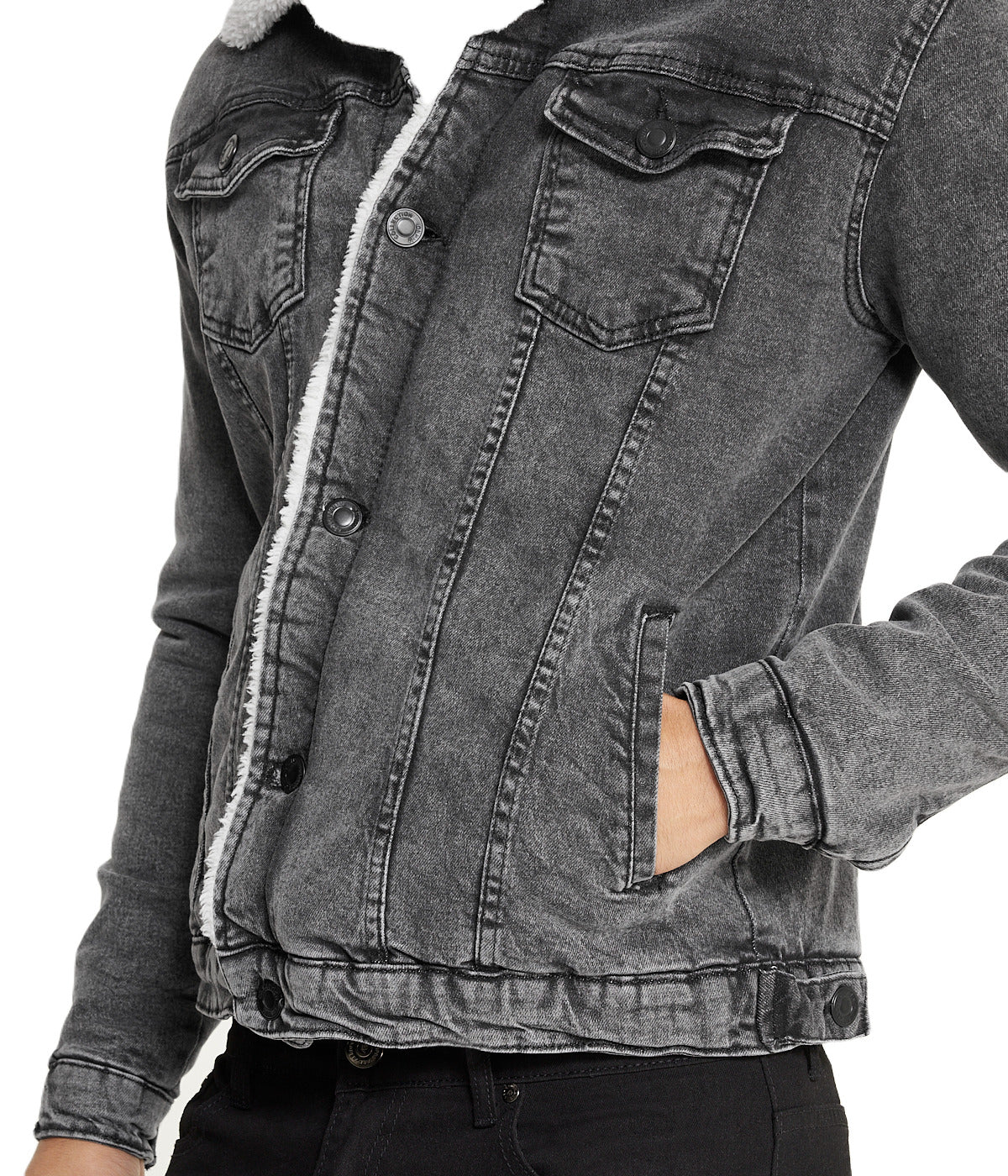  i8 Excel Sherpa Collar Gray Denim Jacket - Smoked - Bonton