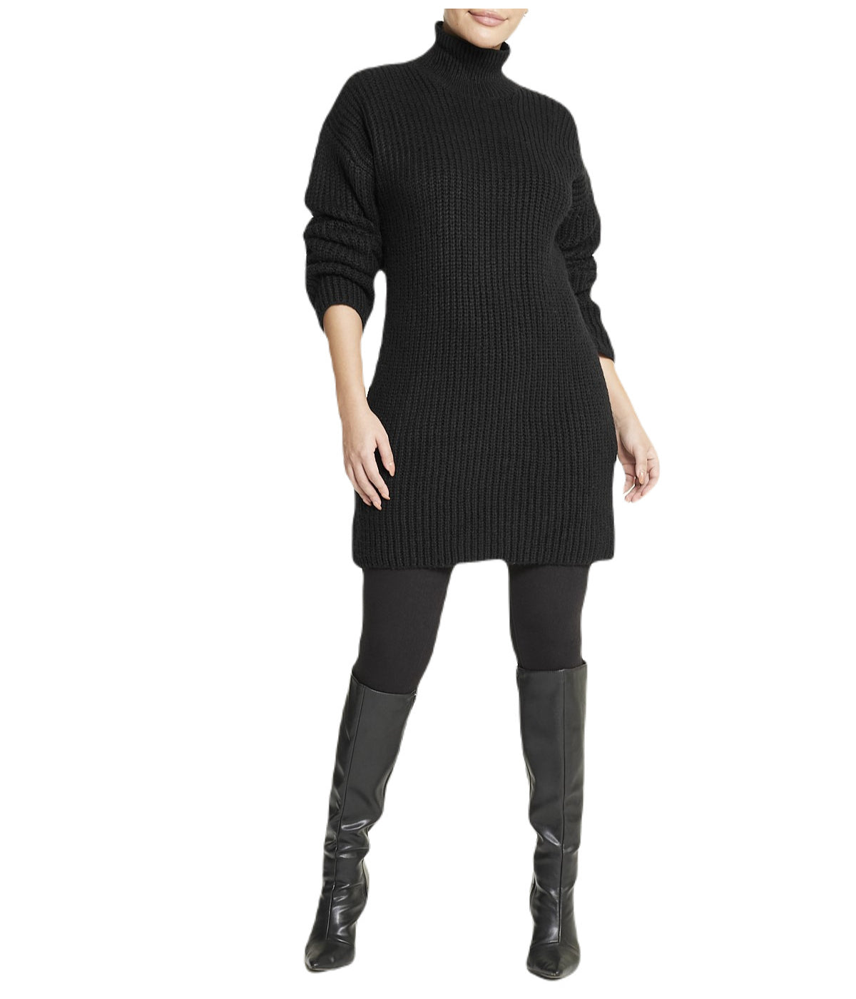  Miss Poeym Turtleneck Funnel Sweater Dress - Black - Bonton