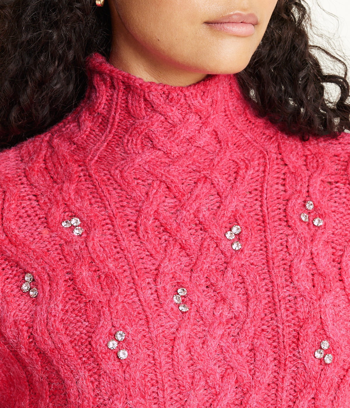  Miss Poeym Bejewelled Cable Mock Neck Sweater - Fuschia - Bonton