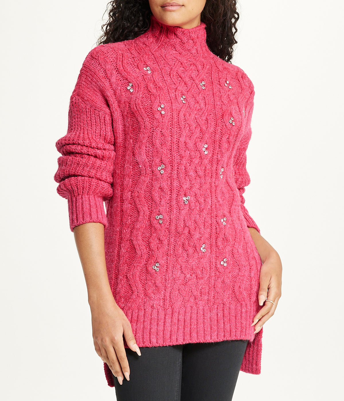  Miss Poeym Bejewelled Cable Mock Neck Sweater - Fuschia - Bonton