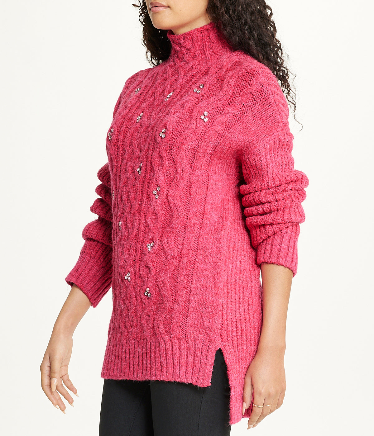  Miss Poeym Bejewelled Cable Mock Neck Sweater - Fuschia - Bonton