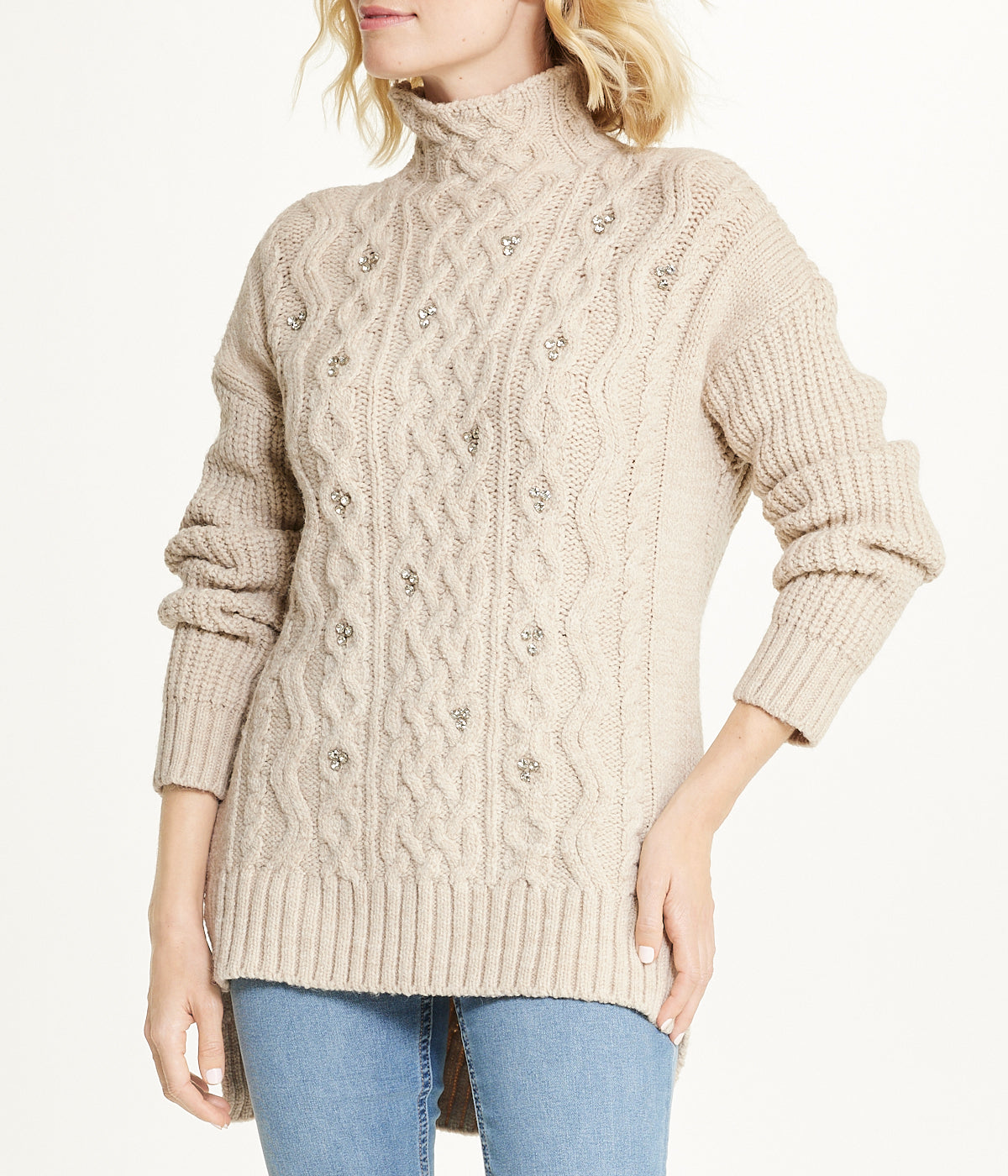  Miss Poeym Bejewelled Cable Mock Neck Sweater - Stone - Bonton