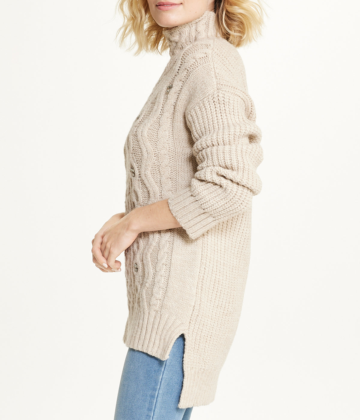  Miss Poeym Bejewelled Cable Mock Neck Sweater - Stone - Bonton