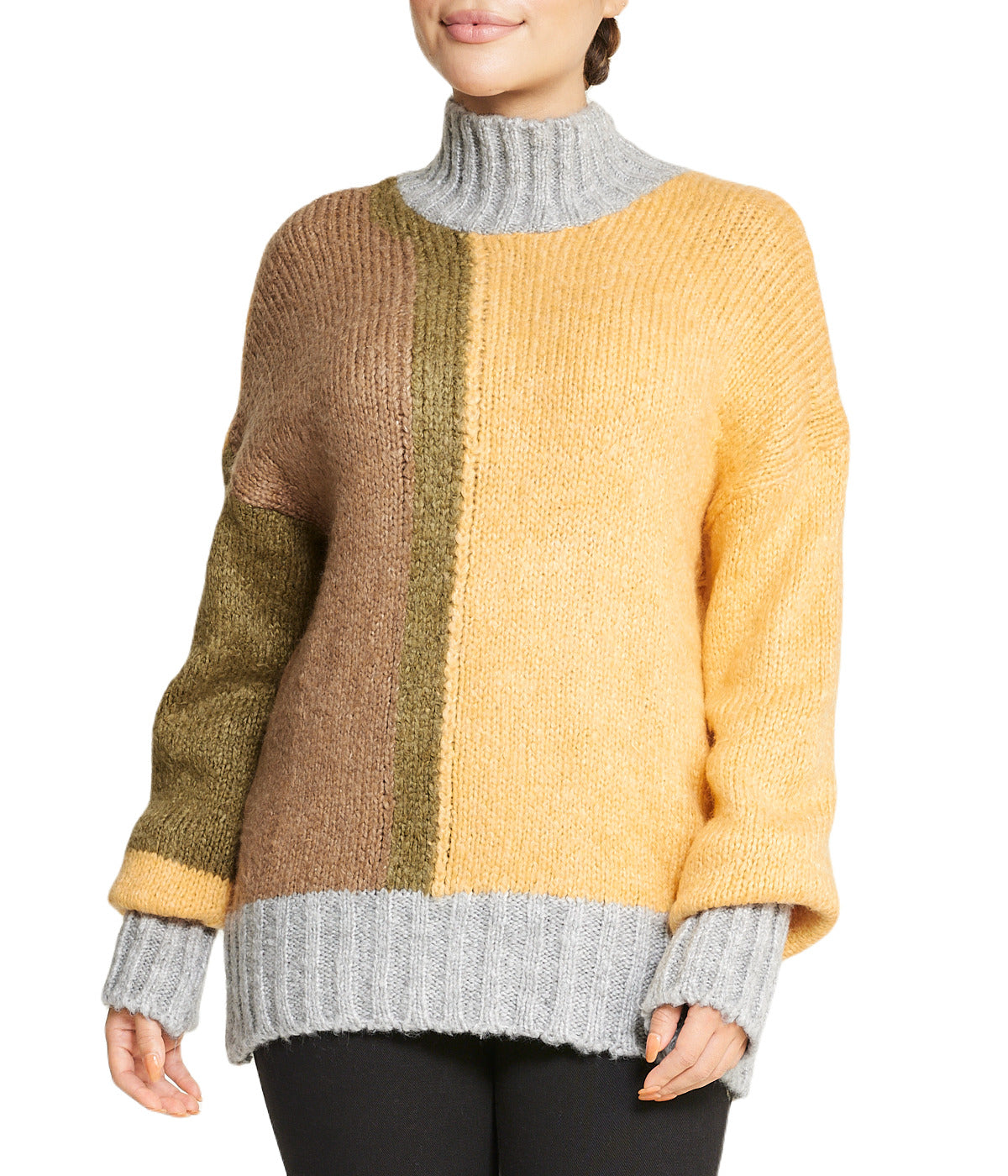  Miss Poeym Color Block Tunic Sweater - Khaki - Bonton