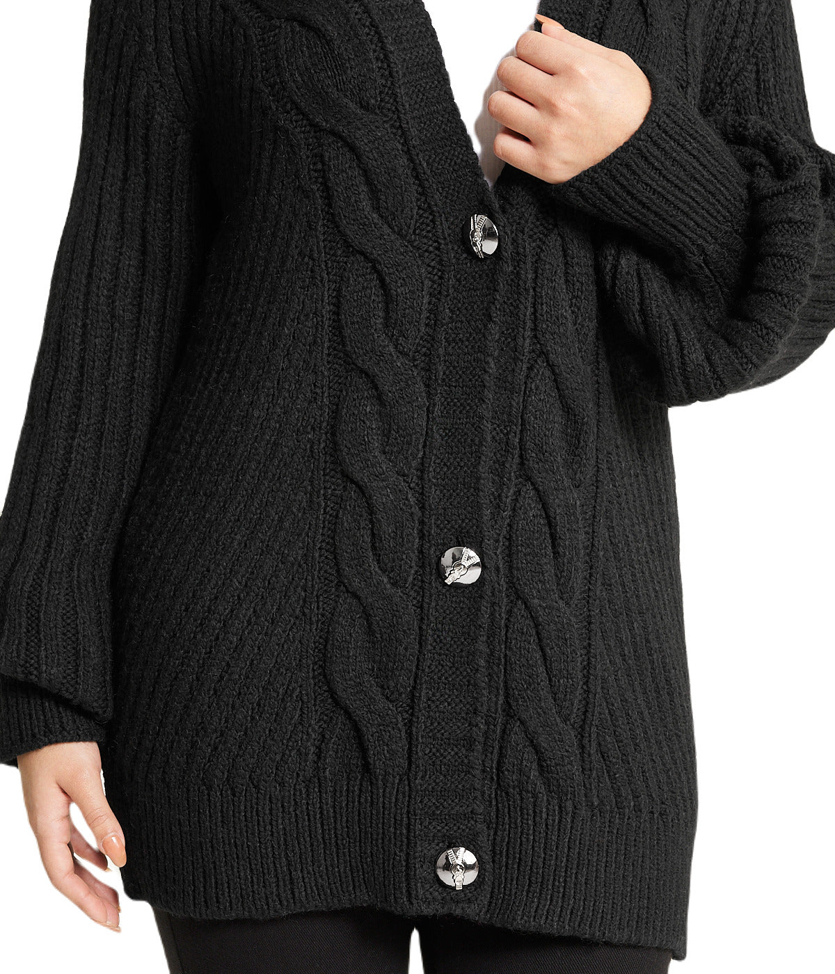  Miss Poeym Deep V Cable Cardigan - Black - Bonton