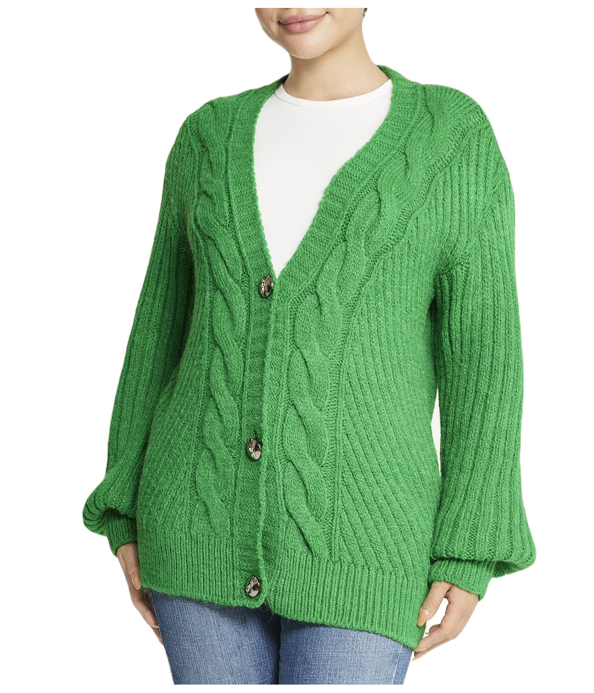  Miss Poeym Deep V Cable Cardigan - Green - Bonton