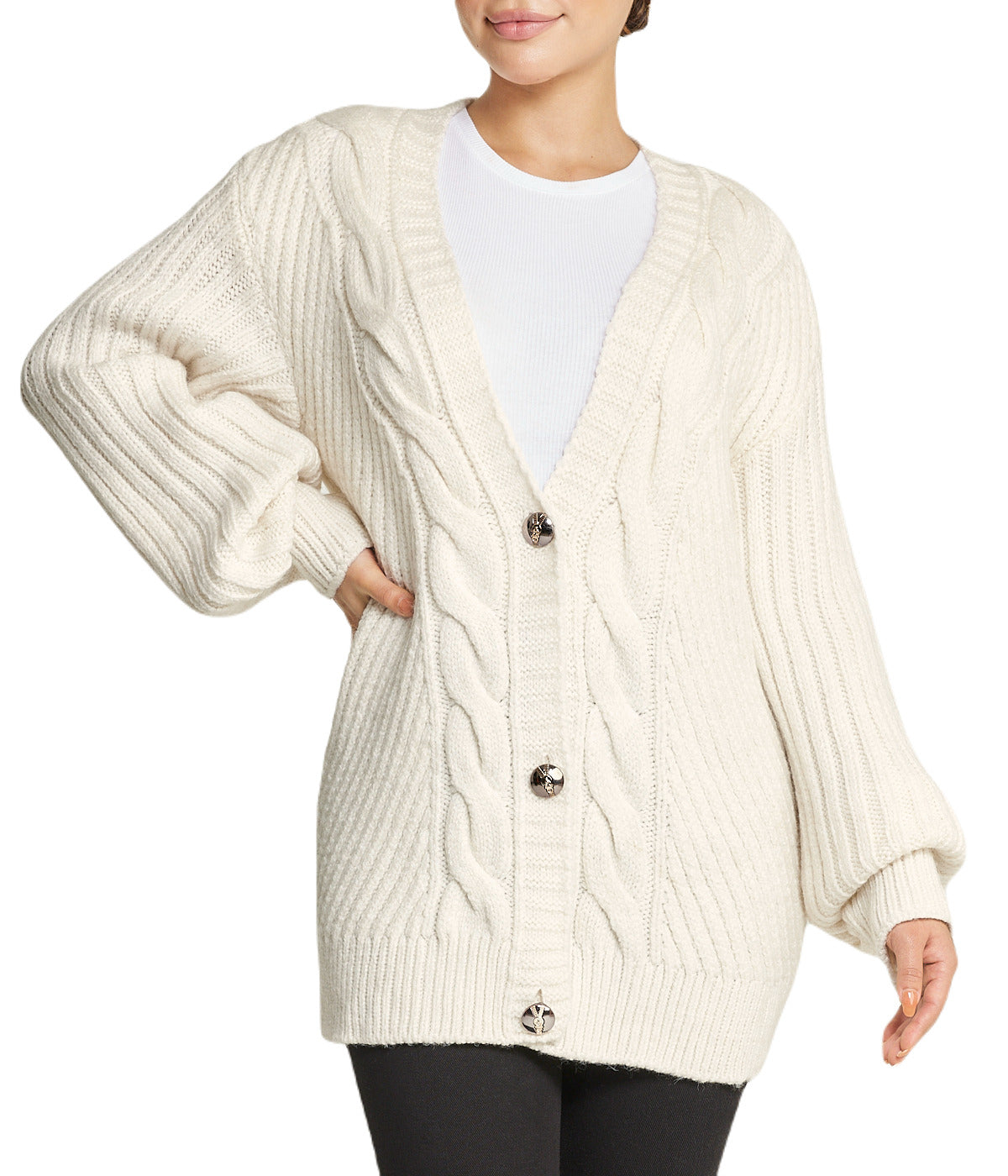  Miss Poeym Deep V Cable Cardigan - Natural - Bonton