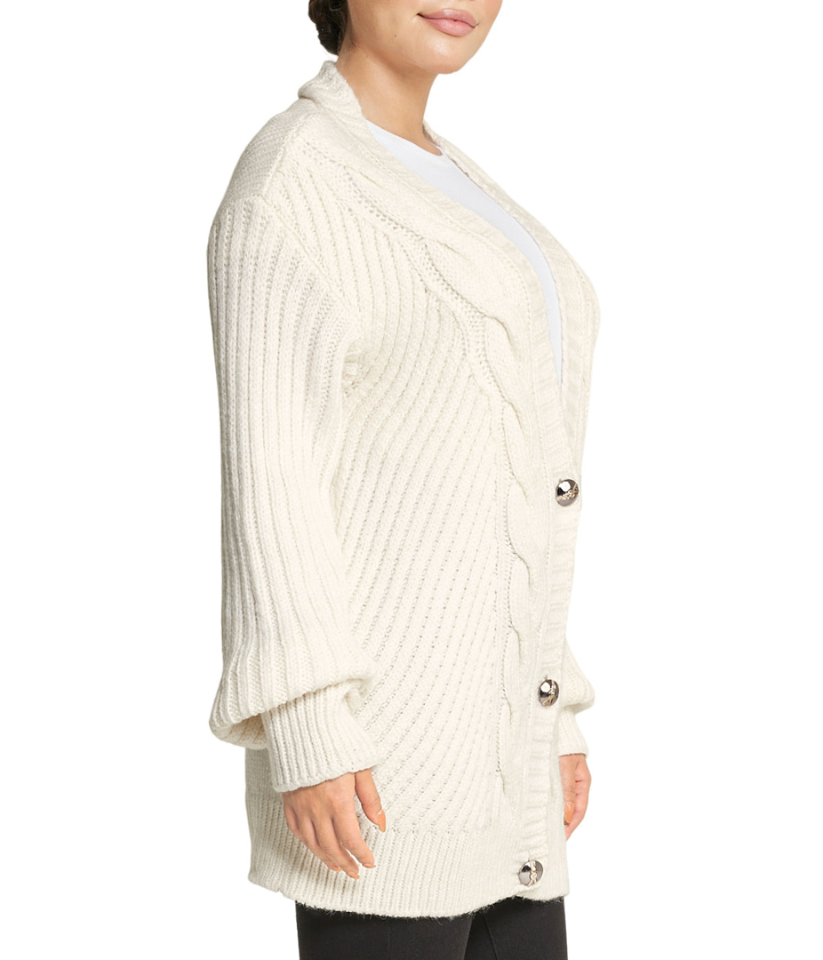  Miss Poeym Deep V Cable Cardigan - Natural - Bonton